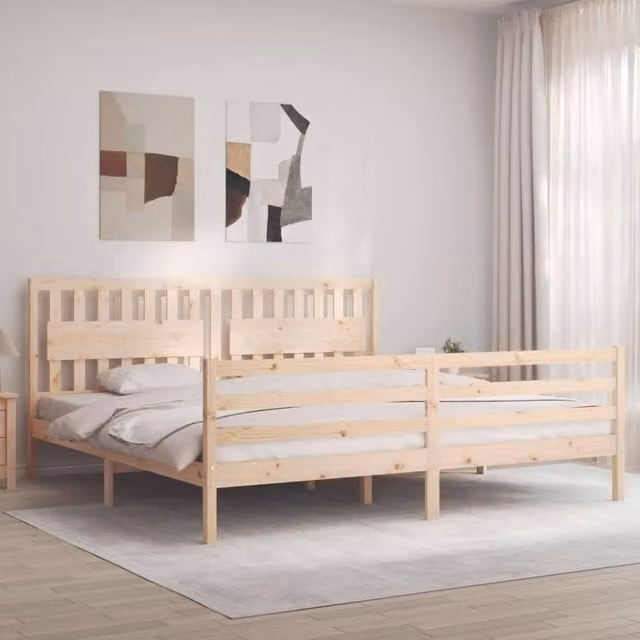 Berkfield Home Beautiful Bed Frame with Headboard in Beige Solid Pine Wood, W/D/H: 200 x 200 x 205.5 cm