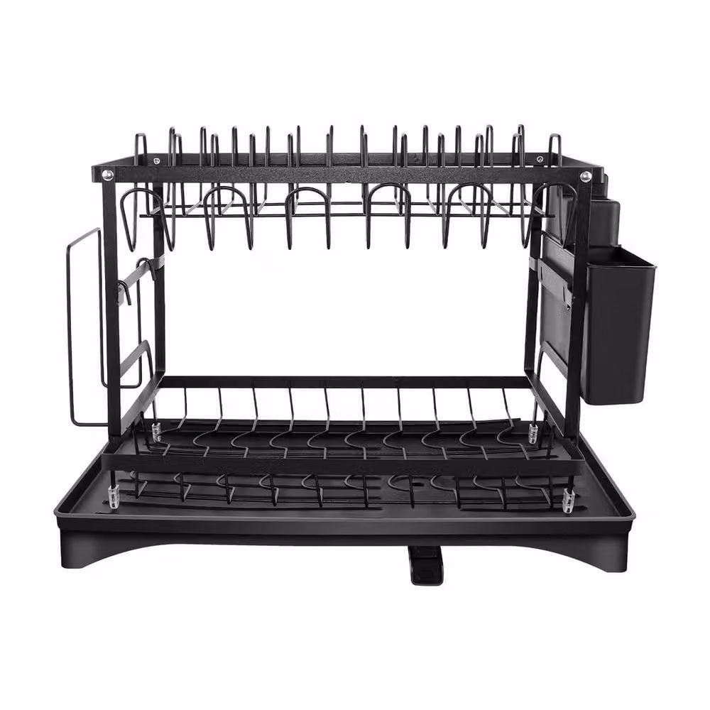 EONLION 2 Tier Black Metal Dish Drainer Rack with Cup and Cutlery Holder, Width: 100 cm – 5