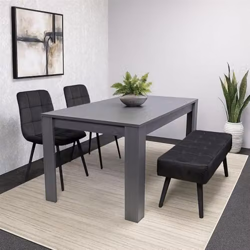 KOSY KOALA Modern Dining Set with Rectangular Dark Grey Table, 2 Black Velvet Chairs and 1 Velvet Bench, W/D/H: 140 x 80 x 75 cm – 2