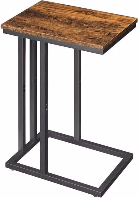VOGREX Rustic Brown Slim C-Shaped Side Table with Wood and Metal Sled Base – 1
