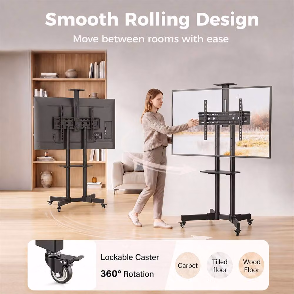 HOMCOM Mobile TV Stand on Wheels for 32-75 Inch Screens, Height Adjustable, Black – 5