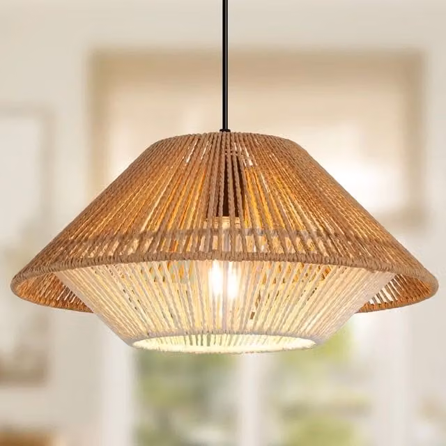 Garwarm Brown Rattan Farmhouse Cone Pendant Light with Adjustable Height and Dimmable Function – 1