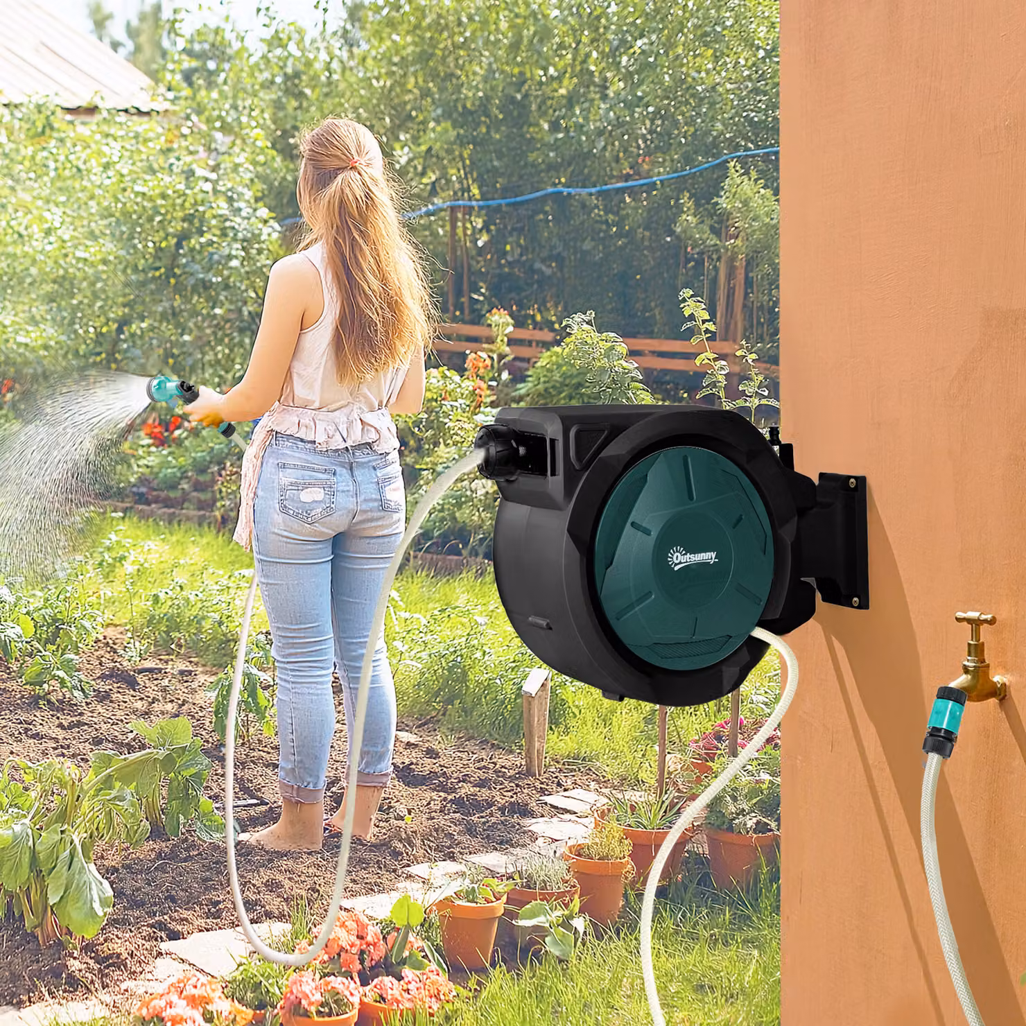 Outsunny Retractable Wall Mounted Garden Hose Reel with 30+2m Hose, 7 in 1 Spray Nozzle and 180 Degree Swivel, Green, W/D/H: 59 x 23 x 42 cm – 2