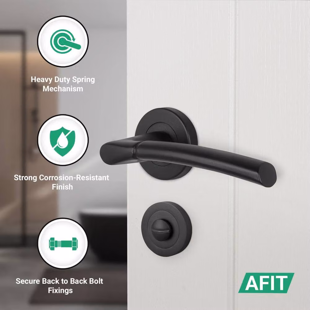 AFIT Matt Black Round Rose Bathroom Door Handle Set with WC Lock and Hinges, W/D/H: 15 x 15 x 6 cm – 4