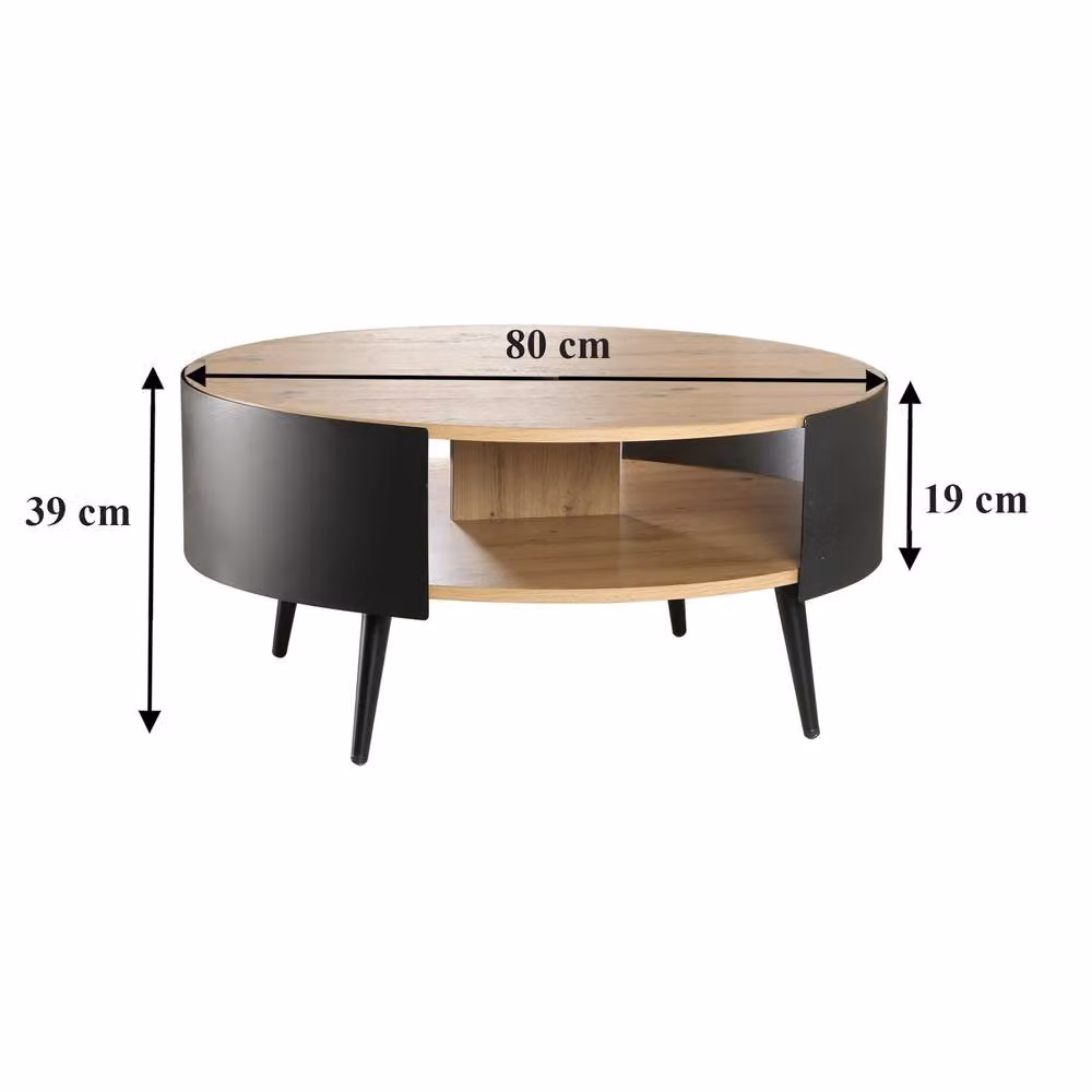 CALICOSY Round 2-Tier Coffee Table in Light Oak and Black Metal, Diameter: 80 cm, Height: 39 cm – 3