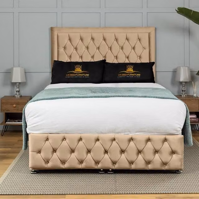 UK Bed Furniture Kingston End Lift Divan Ottoman Bed with 54 Inch Tall Headboard in Beige, Size: 120 x 200 cm