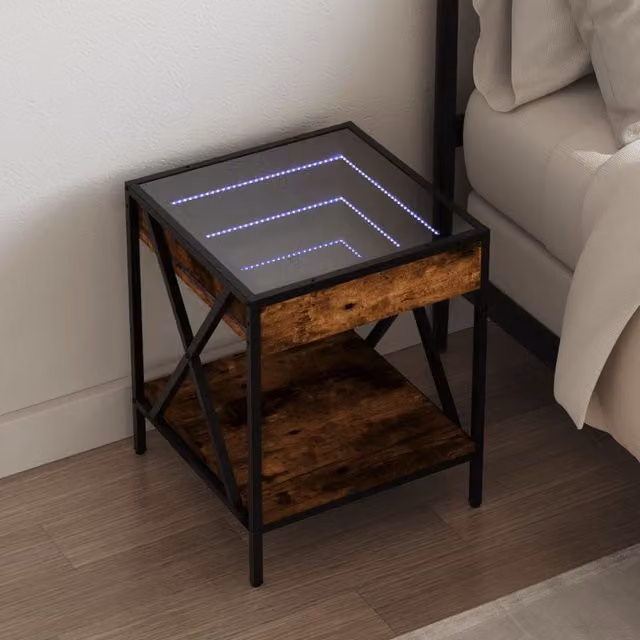 Berkfield Home Bedside Table with Infinity LED and Mirror Top in Smoked Oak Brown, W/D/H: 40 x 40 x 49 cm – 1