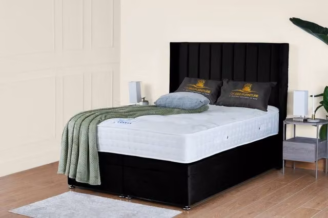 UK Bed Furniture Victoria End Lift Divan Ottoman Bed with 54 Inch Headboard, Black Velvet Fabric, W/D/H: 200 x 200 cm