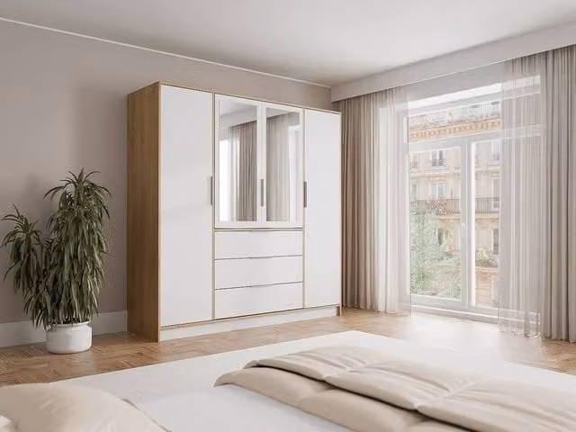 Vente-unique Modern 4-Door and 3-Drawer Wardrobe with Mirrors in White, Width: 196 cm