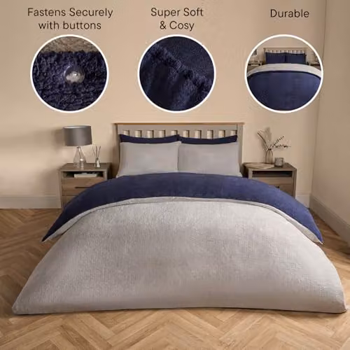 Brentfords Reversible Teddy Fleece Bedding Set with Duvet Cover and Pillowcase, Blue and Grey, Single (Duvet Cover: 135 x 200 cm, Pillowcase: 50 x 75 cm) – 4