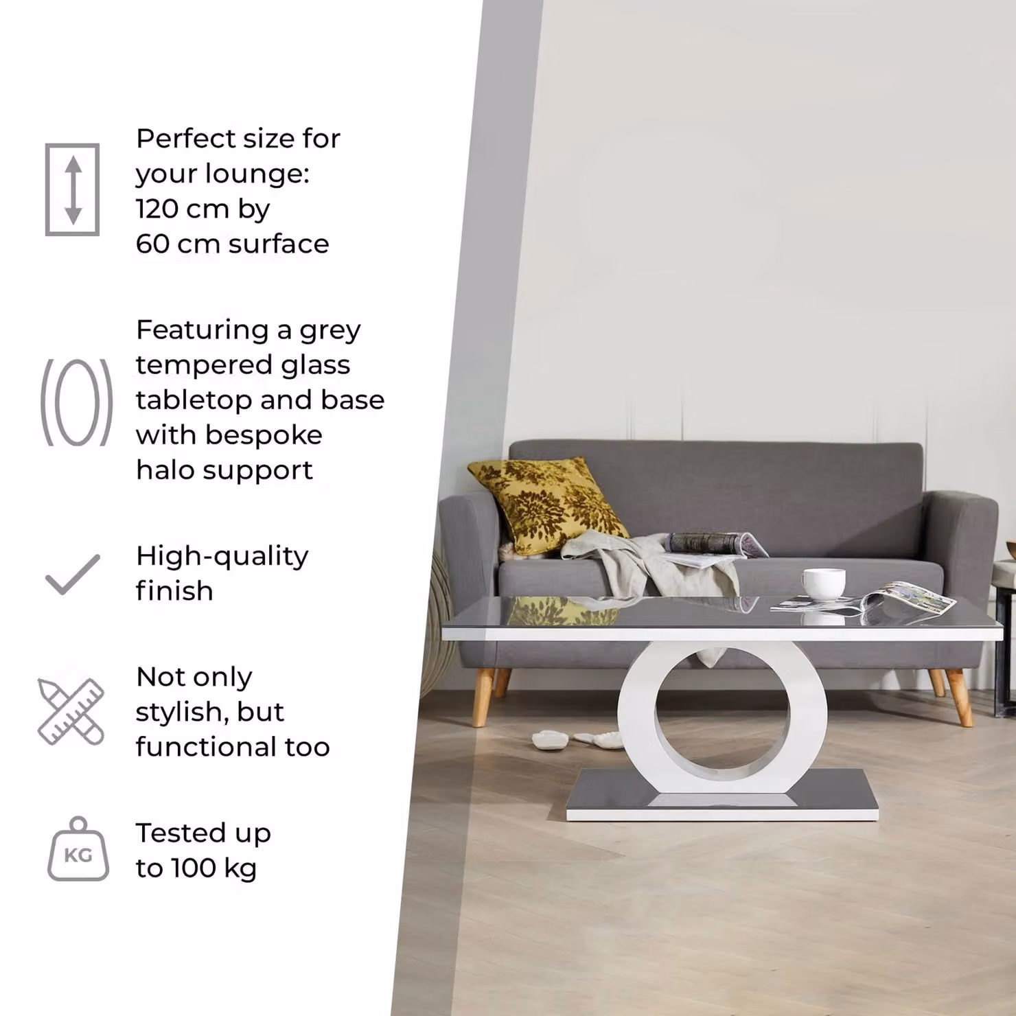FurnitureboxUK Giovani Rectangular White High Gloss Coffee Table with Glass Top and Black Halo Structural Plinth Base, W: 120 cm, D: 45 cm – 5