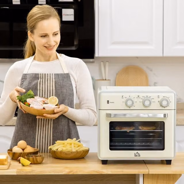 HOMCOM 1400W Convection Toaster Oven with Air Fry, Warm, Broil and Bake Functions in White