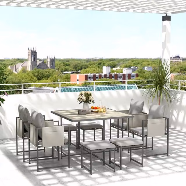 Outsunny 9 Piece Cube Garden Dining Set with Cushions in Grey