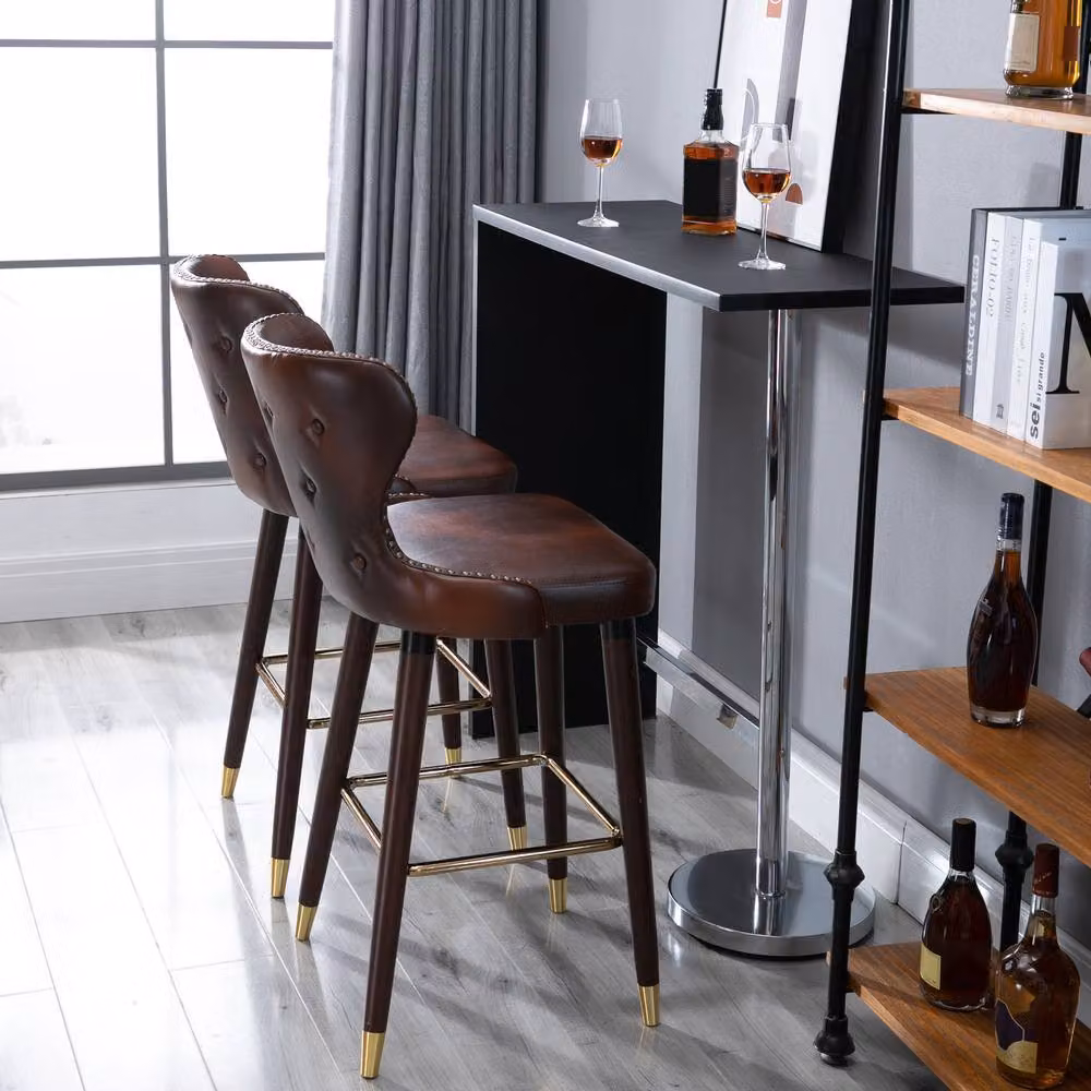 ERGOVEXA Set of 2 Brown PU Leather Bar Stools with Rubberwood Legs – 9
