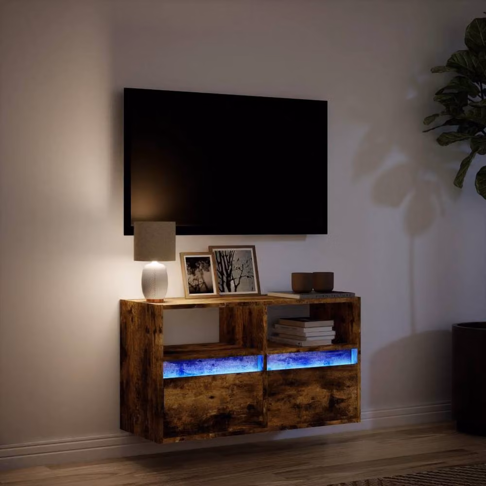 Berkfield Home Modern Wall Mounted TV Cabinet with LED Lights in Smoked Oak Brown, W: 80 cm, D: 31 cm, H: 45 cm – 4