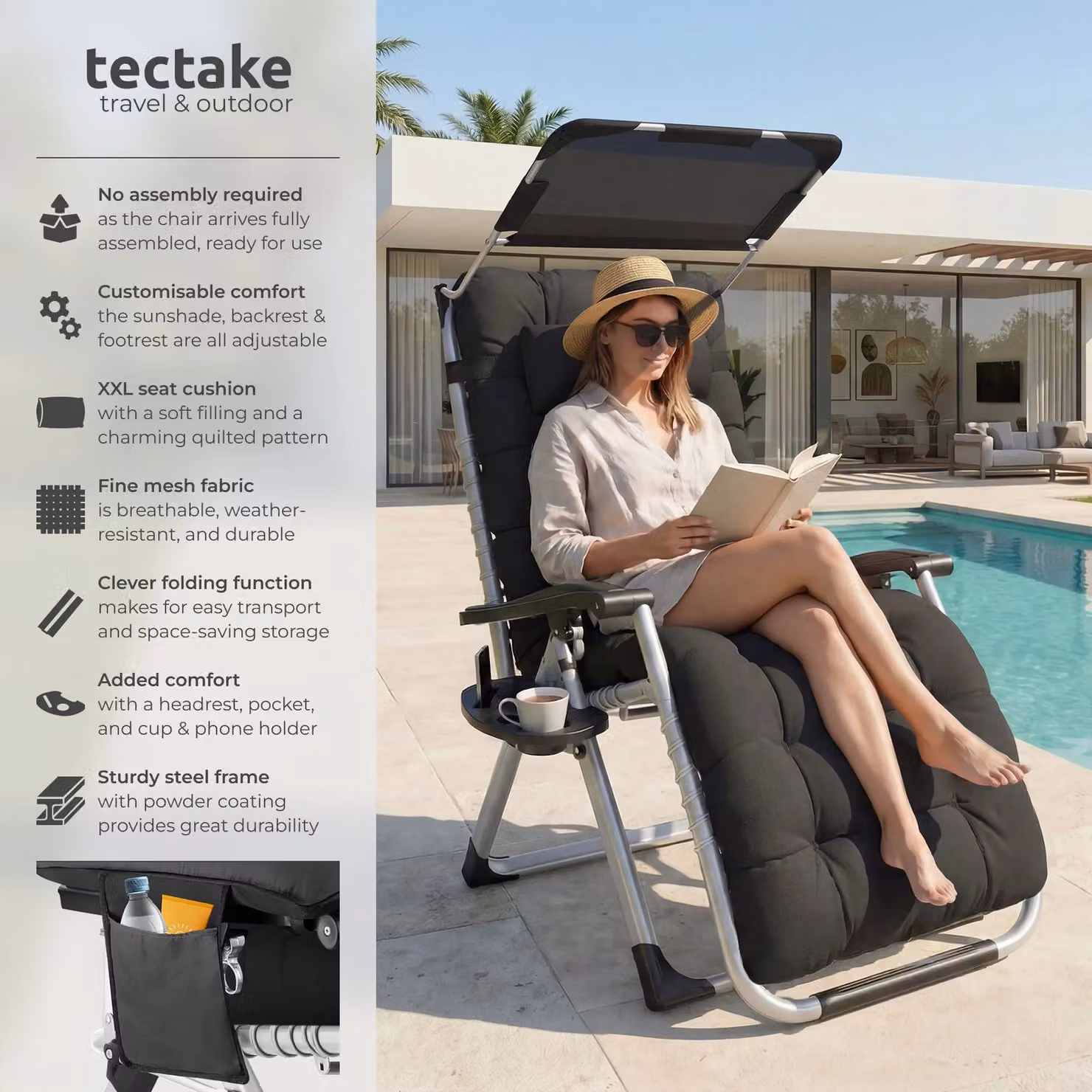 tectake Cirrus 1 Seater Sun Lounger in Black with Sun Canopy and Adjustable Headrest – 2