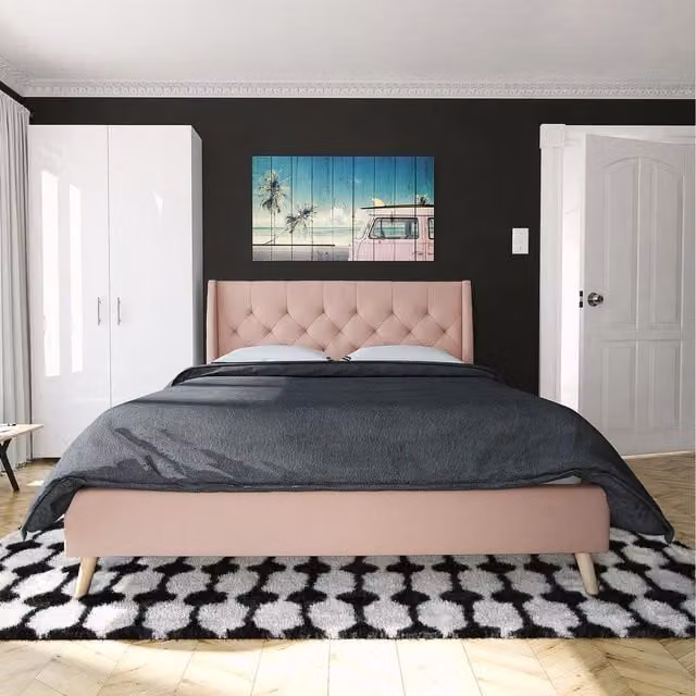 NG Her Majesty Upholstered Fabric Bed in Pink and Grey, W/D/H: 140 x 200 cm