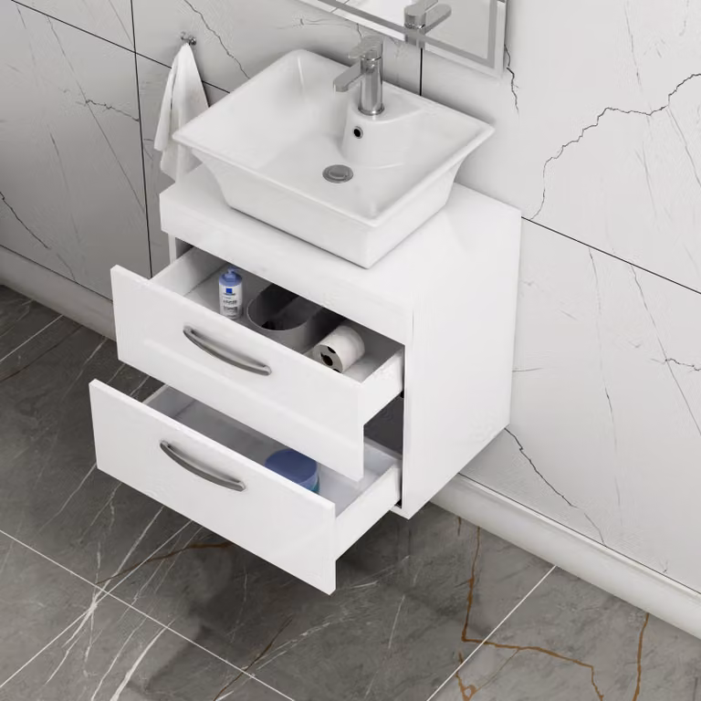 Royal Bathrooms Turin 600mm Wall Hung Vanity Unit with 2 Soft Close Drawers in Gloss White
