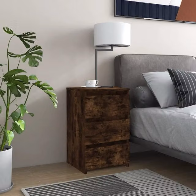 Berkfield Home Set of 2 Smoked Oak Bed Cabinets in Brown, W/D/H: 40 x 35 x 62.5 cm