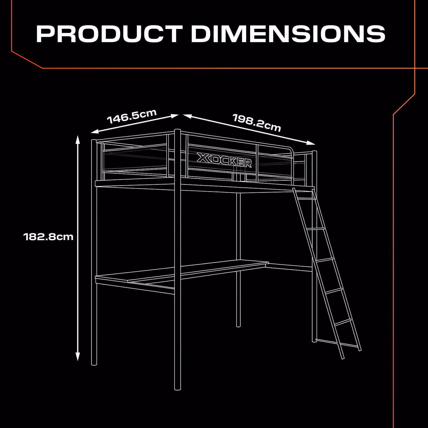 X Rocker HQ High Sleeper Bunk Bed with Large Desk and Mattress in Black, Single Size, W/D/H: 90 x 200 x 182.8 cm – 2