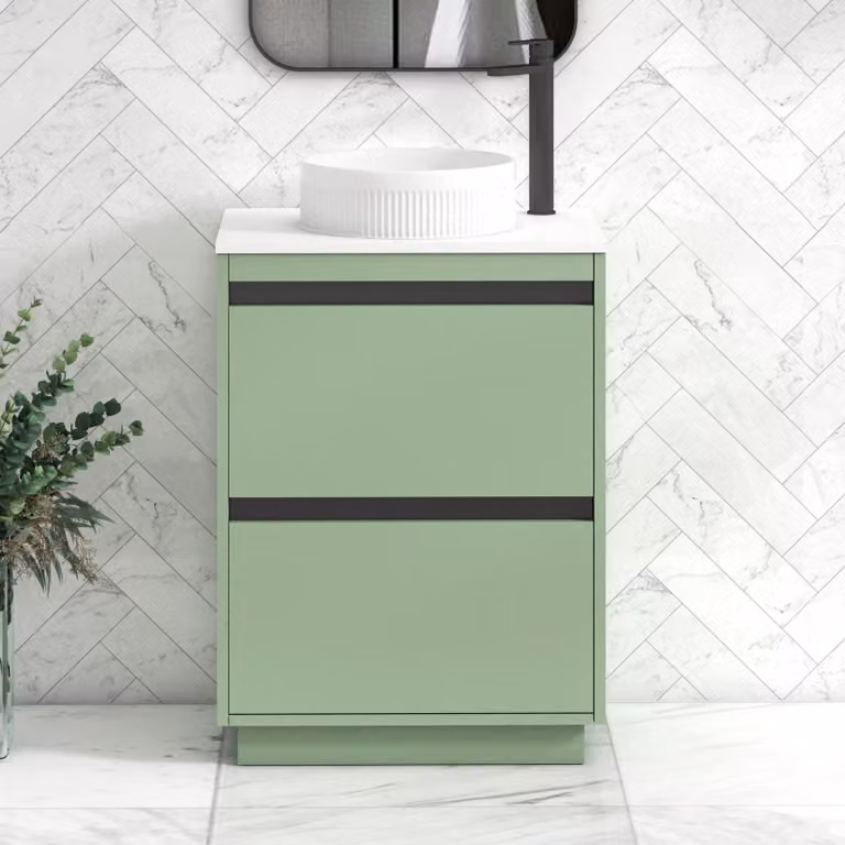 Royal Bathrooms Orion 600mm Mint Sage Floor Standing 2 Drawer Vanity Unit with Round Basin and Black Accent Trim