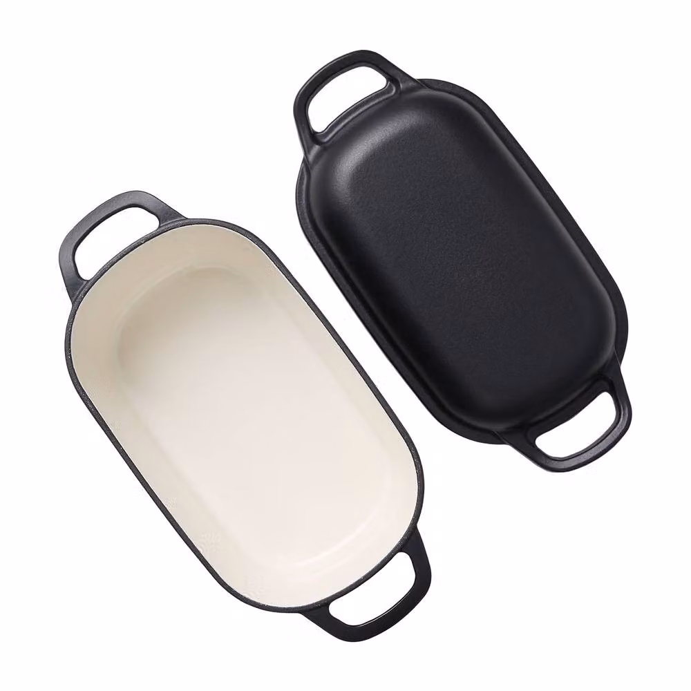 Living and Home 2-Piece Enamelled Cast Iron Bread Loaf Pan and Frying Pan Set with Lid, Black – 2