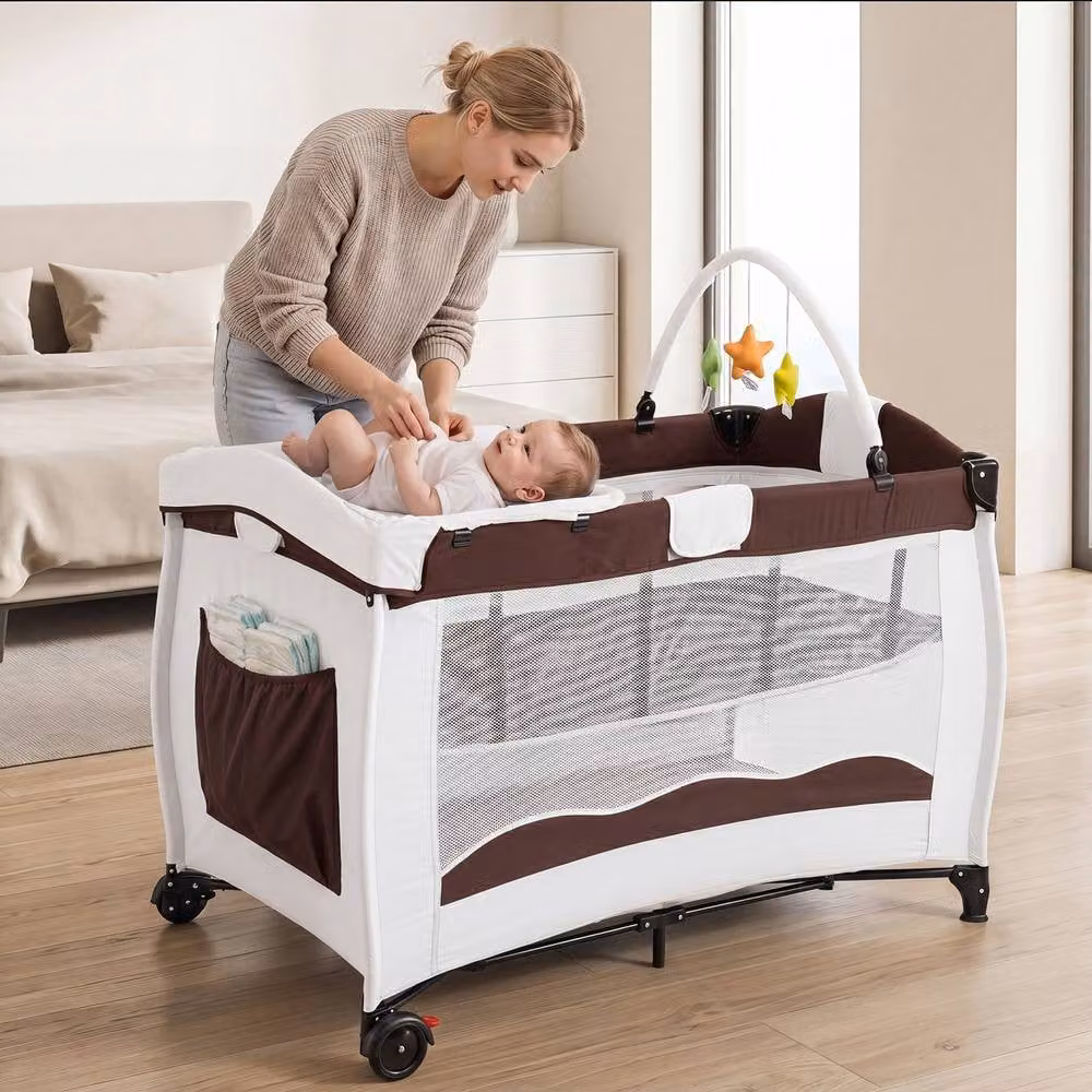 Gymax Folding Playpen in Brown with Diaper Changing Table, 2 Lockable Wheels and 3 Hanging Toys – 3