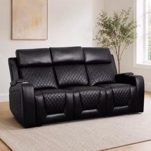 Furnishings For Less UK Felix Black Synthetic Leather Electric Reclining Sofa Suite with 3 Seater and 2 Seater, USB Charging, Cup Holders and LED Lighting – 4