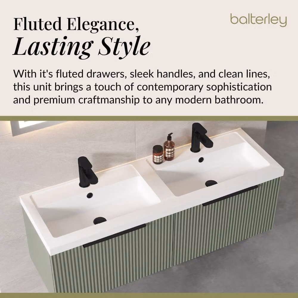 Balterley Fluted Front Wall Hung 2 Drawer Vanity Basin Unit, Satin Green, W: 120 cm – 2