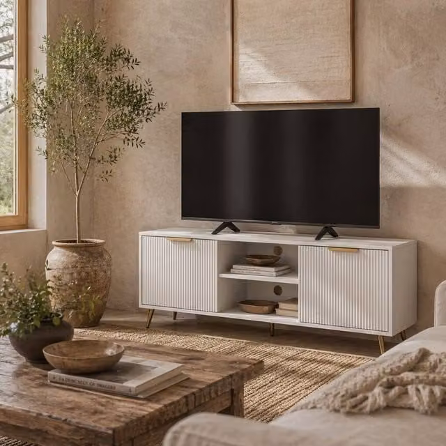 Wyld Haus Lamo White Wooden TV Stand with Etched Doors, Width: 120 cm – 1