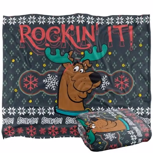LOGOVISION Scooby Doo Rockin' It Ugly Christmas Sweater Super Soft Microfibre Fleece Throw Blanket, Multicolour, W/D/H: 152 x 127 x 1 cm