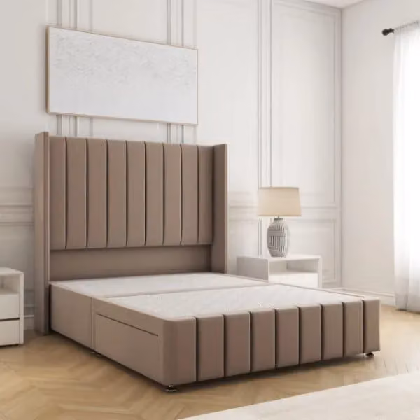 BSSPOKE Zoe Divan Bed in Bronze Plush Velvet with 54 inch Headboard, 2 Drawers and Footend, W/D/H: 180 x 200 cm
