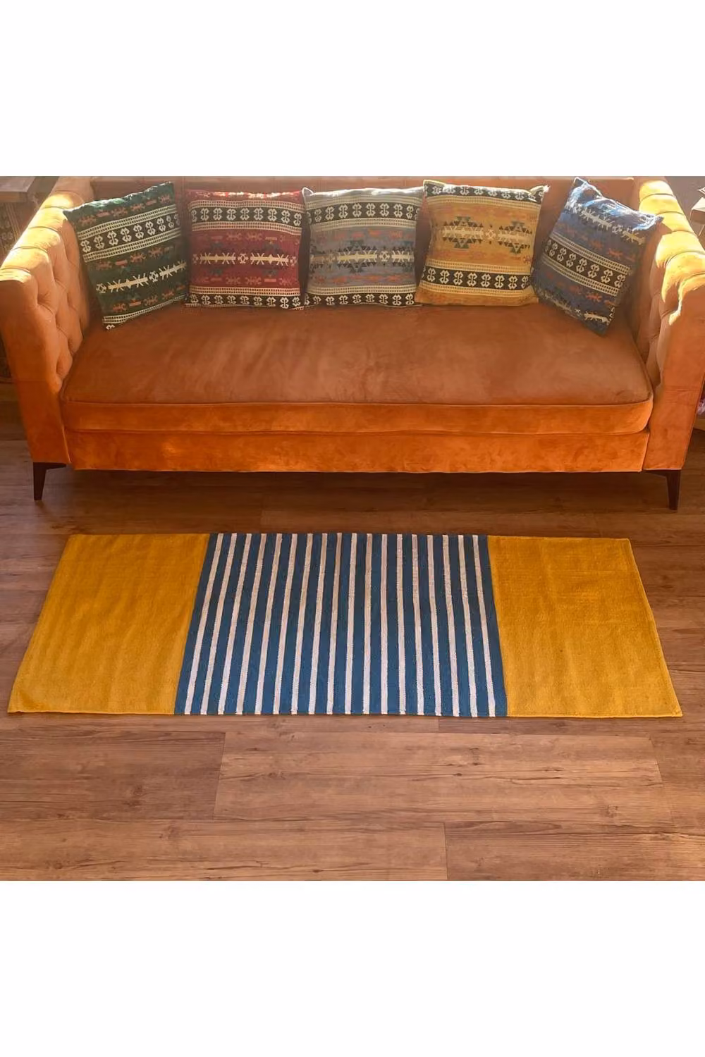 KDMD Indian Cotton Ethnic Striped Rug in Yellow and Blue, W: 70 cm, L: 170 cm – 3