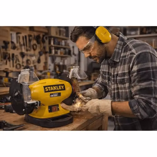 Stanley Bench Grinder in Yellow with 330W Motor, 1 Grinding Wheel and 1 Wire Wheel – 2
