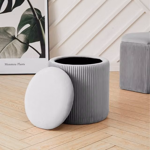 Lifeideas Cylindrical Velvet Storage Ottoman in Grey