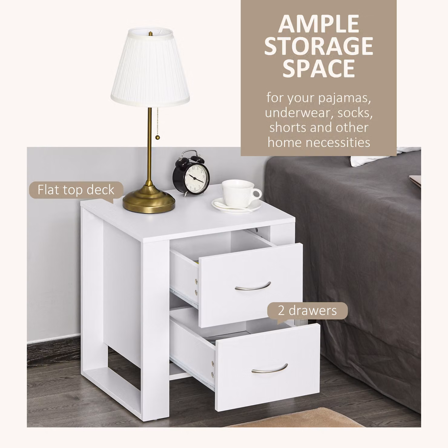 HOMCOM Modern White Bedside Table with 2 Drawers and Silver Accents – 2