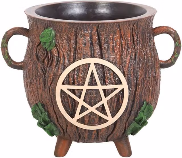 KDMK Pentagram Bark Effect Cauldron Plant Pot for Herbs, Brown Plastic Tabletop Design