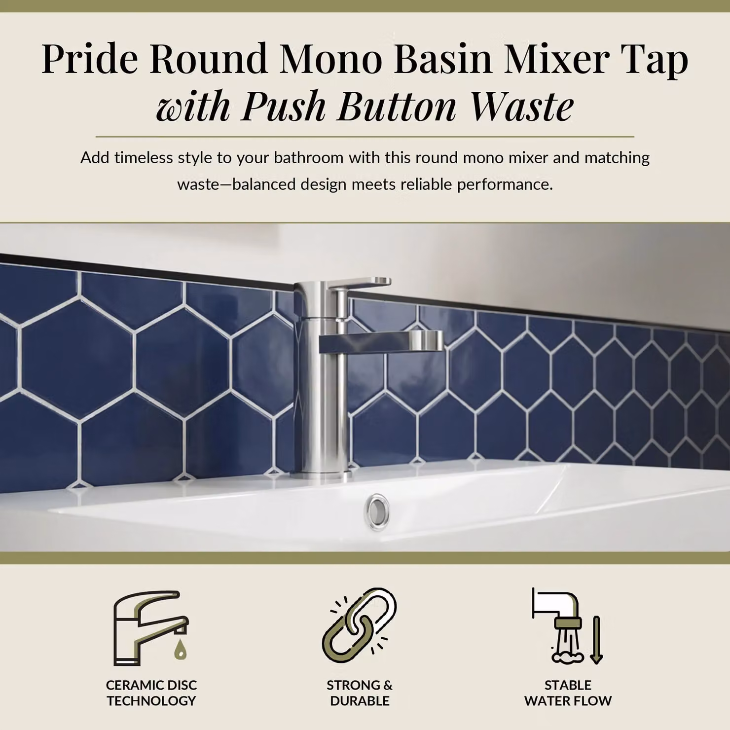 Balterley Pride Round Mono Basin Mixer Tap with Push Button Waste in Chrome Silver – 2