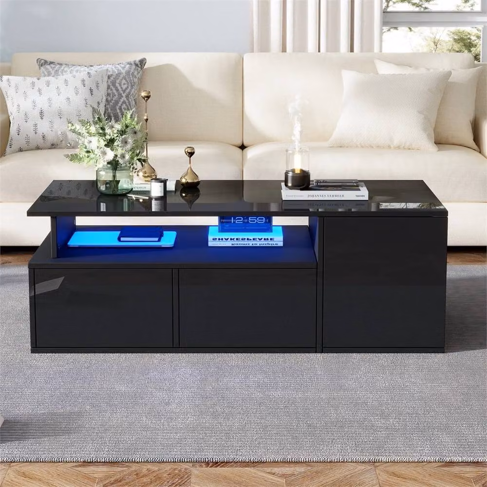 KORVIXA Black Coffee Table with RGB LED Lights and 2 Drawers, W/D/H: 100 x 100 x 35 cm – 3