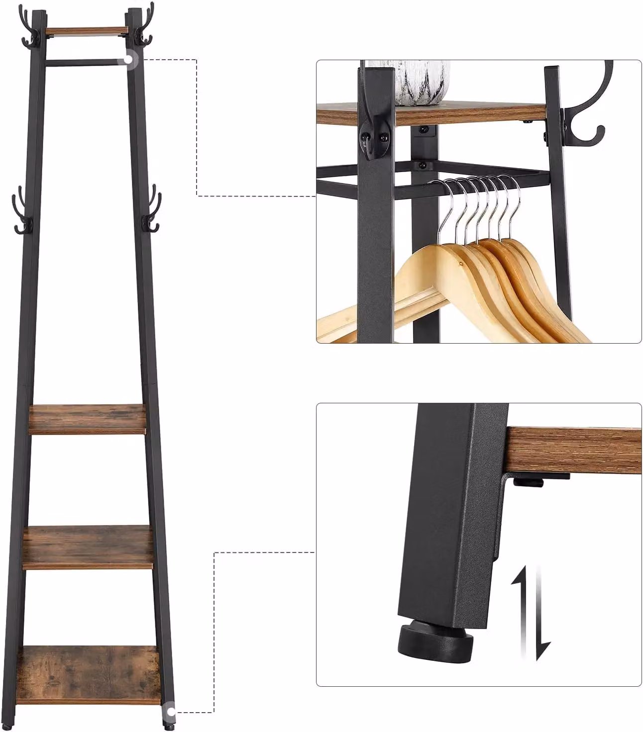 VASAGLE Industrial Ladder Coat Stand with 3 Shelves and Hooks in Brown – 3