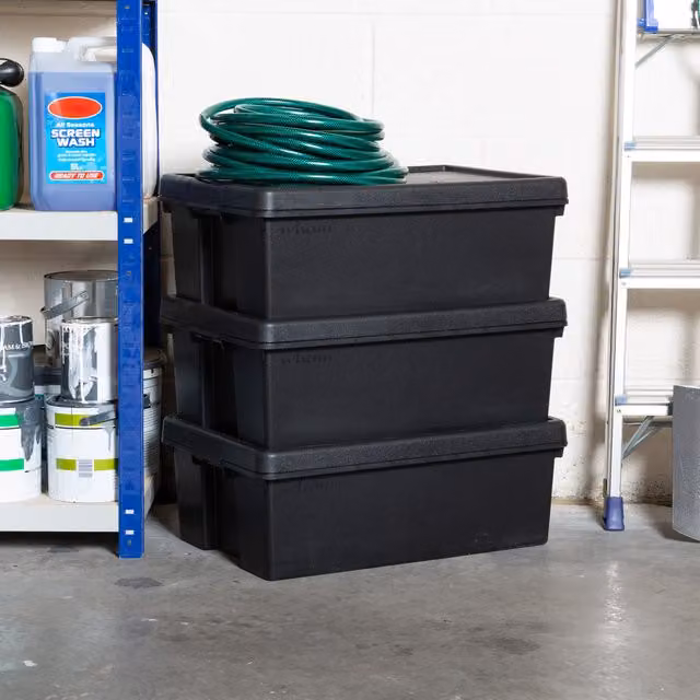 Wham Bam 3 x 36L Heavy Duty Stackable Plastic Storage Boxes with Lids and Handles, Black