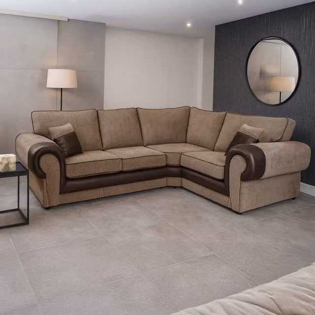 Furnishings For Less UK Portland 4 Seater L Shaped Corner Sofa in Beige Fabric and Synthetic Leather, Right Hand Facing