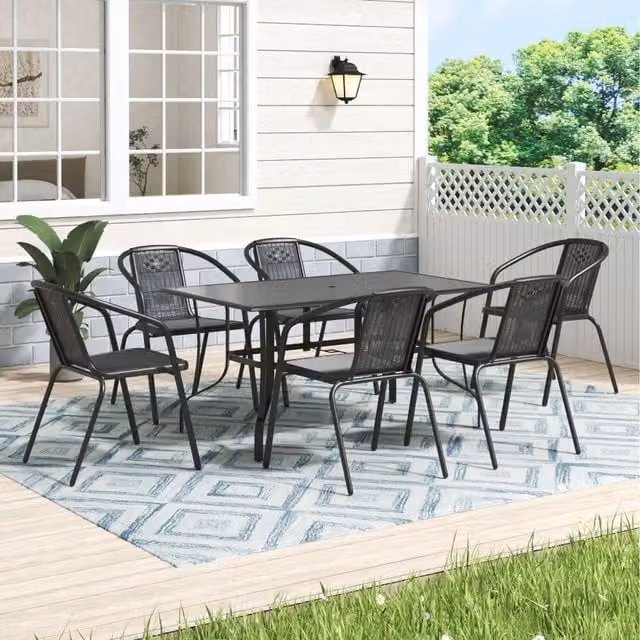 Komore Modern Black Metal Coffee Table and 6 Stackable Polyrattan Chairs Set, W: 150 cm