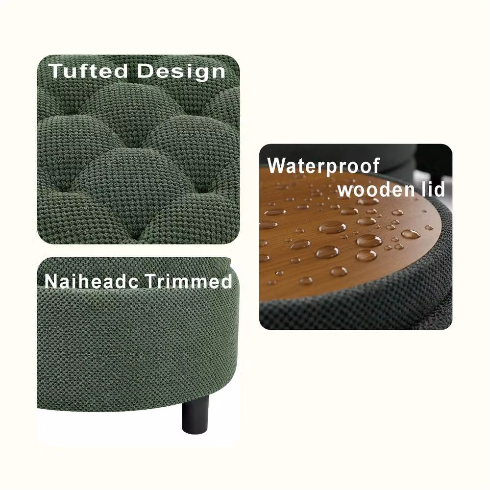 Rolipo Dark Green Round Fabric Storage Ottoman with Wooden Tray Top – 7
