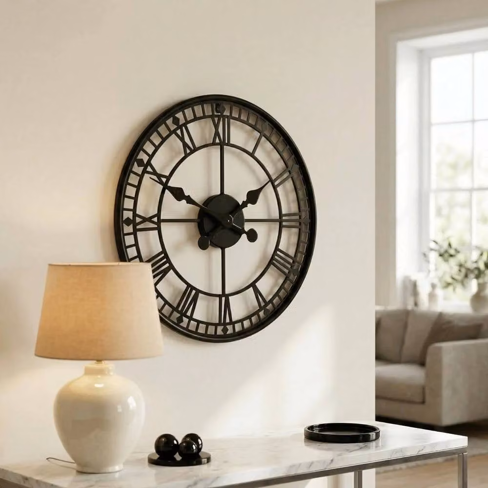 PAWNORA Black Metal Skeleton Round Wall Clock, Diameter: 55 cm – 3