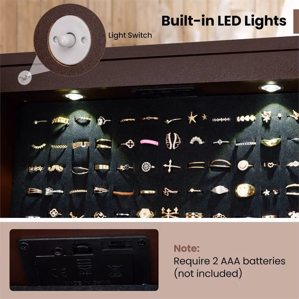 FORGEVIO Lockable Brown Wood Jewelry Cabinet with Mirror and LED Lighting – 4