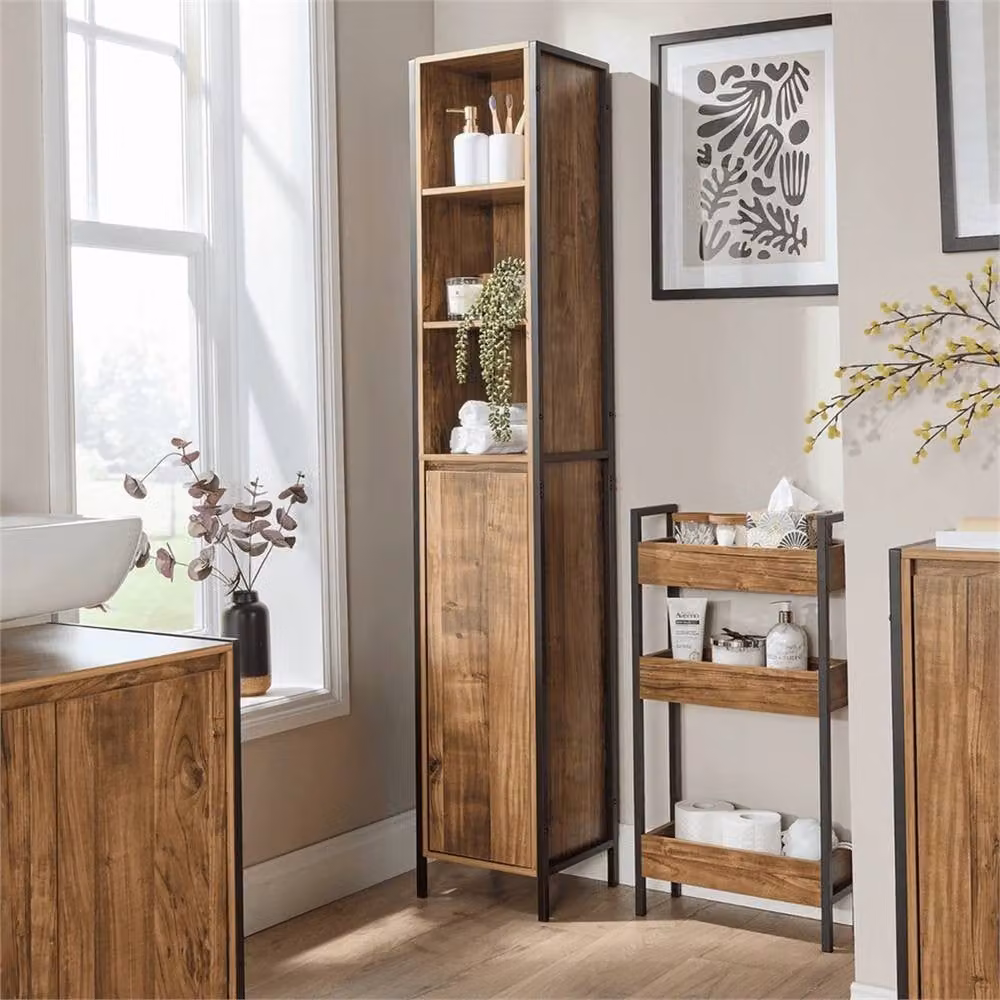 Nordara Brown and Black Industrial Bathroom Tallboy Storage Unit with Hinged Door and Internal Shelves – 1