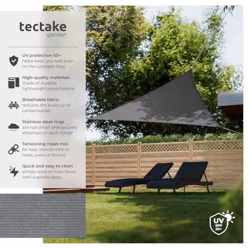tectake Triangular Sun Shade Sail with UPF 50+ UV Protection, Grey Polyethylene Fabric, W/D/H: 360 x 360 x 360 cm – 2
