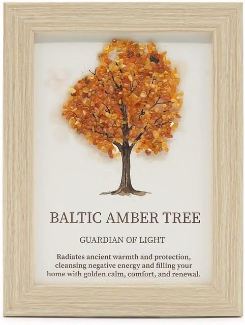 Serenityy Tree of Life Gemstone Picture with Baltic Amber in Gold, W: 21 cm, H: 30 cm, D: 1 cm