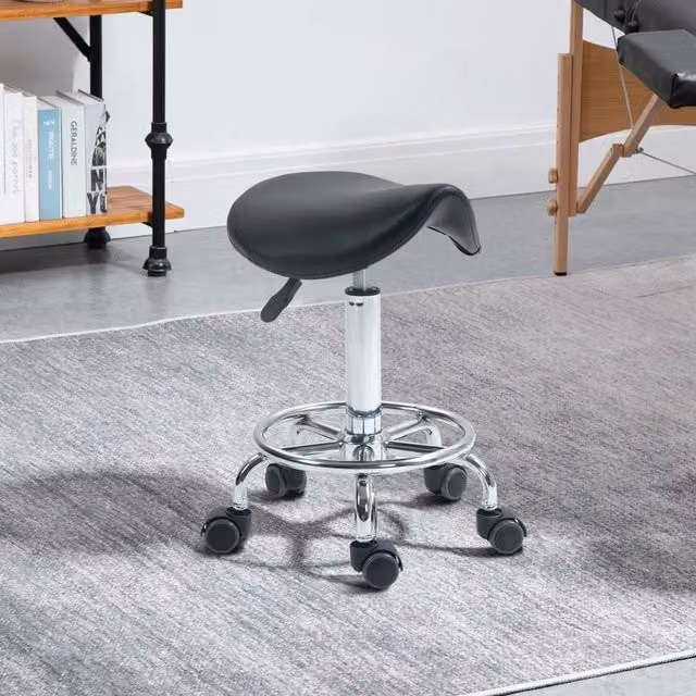 EONLION Black Rolling Saddle Stool with Synthetic Leather Seat and Castors – 1
